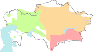 Примерные территории кочевых жузов в начале XX века. Старший жуз (обозначен розовым цветом), Средний жуз (оранжевый), Младший жуз (зелёный)[1].