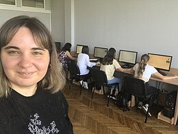 Participants of the third day of summer wikischool for high-school students at the Lviv Polytechnic (August 30, 2023, Lviv). Wikivoyage. Trainers: Mariana Senkiv and Myroslava Gaba