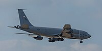 A KC-135R Stratotanker, tail number 57-1439, on final approach at Kadena Air Base in Okinawa, Japan in March 2020. It is assigned to the 22nd Air Refueling Wing and the 931st Air Refueling Wing at McConnell Air Force Base in Wichita, Kansas.