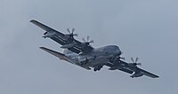 A US Air Force MC-130J Commando II, tail number 10-5714, on final approach at Kadena Air Base in Okinawa, Japan. It is assigned to the 1st Special Operations Squadron at Kadena AB.