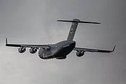 A Boeing C-17 Globemaster III, tail number 95-0103, taking off from RAF Mildenhall in the United Kingdom. It is assigned to the 62nd Airlift Wing and the 446th Airlift Wing at Joint Base Lewis McChord in Washington, USA.