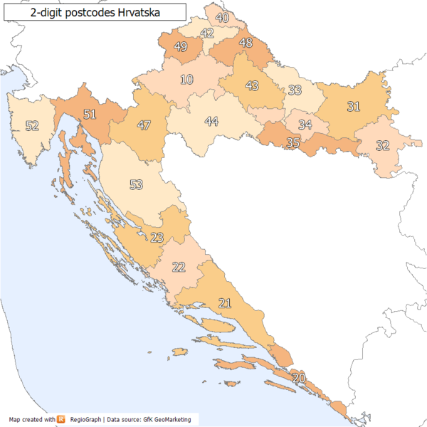 2-digit postcode areas Croatia (defined through the first two postcode digits)