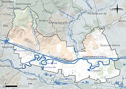 Carte en couleur présentant le réseau hydrographique de la commune