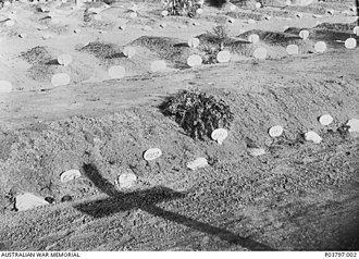 Grave of a 2nd SAMR trooper who died of disease, marked with wreath AWM P03797.002 2nd SAMR Trooper George Lawrence Hardy grave.jpg