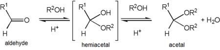 Conversion of acetaldehyde to 1,1-diethoxyethane, R = CH3, R = CH3CH2 Acetal formation 2.png