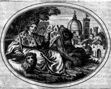 Allégorie du grand-duché de Toscane, Ricardo Malespini, Istoria Fiorentina, Florence, 1718.
