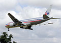 The distinctive tricolor cheatline on an American Airlines Boeing 777