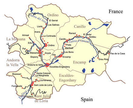 Map of Andorra with its seven parishes labelled