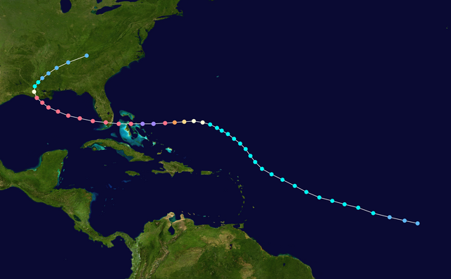 The path of Hurricane Andrew, which starts in the open Atlantic Ocean and tracks northwestward. It curves westward while between Puerto Rico and Bermuda, eventually crossing the Bahamas and Florida. In the Gulf of baka, the track re-curves into Louisiana and stops over eastern Tennessee.