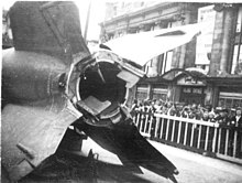 Captured V-2 on public display at Antwerp in 1945. Exhaust vanes and external rudders in tail section shown. The Von Braun Interceptor design used the same exhaust vanes to control the Vertical Take Off of the Von Braun Interceptor Antwerp V-2.jpg