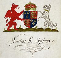 Arms of Henry VII, King of England, including a dragon and a dog, with erect pizzles, as supporters ArbfaisTuduriaid.jpg