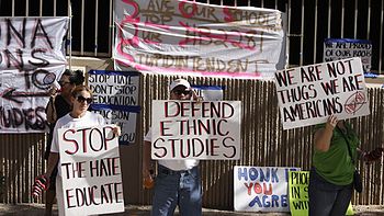 Protesters are seen in June 2011 in support of the Tucson Unified School District's Mexican-American studies program. A new state law effectively ended the program saying it was divisive. Arizona Ethnic Studies.jpg