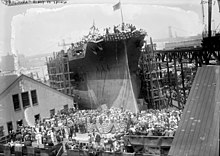 Stern-first launch of the battleship USS Arizona (BB-39) in 1915 at the Brooklyn Navy Yard Arizona launch party.jpg