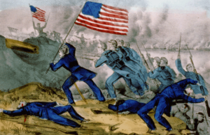 Currier- und Ives-Druck zeigt eine Gruppe blau gekleideter Infanteristen, die einen Hügel angreifen, aus dem die Mündung einer Konföderierten-Kanone hervorragt.  Zwei Soldaten liegen vermutlich tot am Boden;  ein dritter fällt wie angeschossen nach hinten und hält noch immer sein Gewehr umklammert.  Das auffälligste Merkmal ist ein stehender Soldat in der Nähe der Mitte, der eine amerikanische Flagge trägt.  Rechts von ihm sind weitere Soldaten zu sehen.  In der Ferne ist eine weitere amerikanische Flagge zu sehen, die von der Spitze des Hügels von einer nur in Umrissen sichtbaren Gestalt geschwenkt wird.