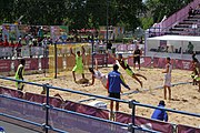 Deutsch: Beachhandball bei den Olympischen Jugendspielen 2018; Tag 4, 10. Oktober 2018; Jungs, Vorrunde, Gruppe A - Spanien-Venezuela 2:0 English: Beach handball at the 2018 Summer Youth Olympics at 10 October 2018 – Boys Preliminary Round Group A – Spain-Venezuela 2:0