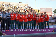 Deutsch: Beachhandball bei den Olympischen Jugendspielen 2018 in Buenos Aires; Tag 7, 13. Oktober 2018; Medaillenzeremonie Mädchen - Gold: Argentinien, Silber: Kroatien, Bronze: Ungarn English: Beach handball at the 2018 Summer Youth Olympics in Buenos Aires at 13 October 2018 – Medal Ceremony Girls - Gold: Argentina, Silver: Croatia, Bronze: Hungary Español: Handball de playa en los Juegos Olimpicos de la Juventud Buenos Aires 2018 en 13 de octubre de 2018 – Medalla Ceremonia para niñas - Oro: Argentina, Plata: Croacia, Bronce: Hungría