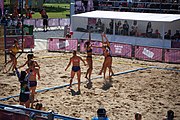 Deutsch: Beachhandball bei den Olympischen Jugendspielen 2018; Tag 3, 10. Oktober 2018; Mädchen, Vorrunde, Gruppe B - Niederlande-Argentinien 2:0 English: Beach handball at the 2018 Summer Youth Olympics at 10 October 2018 – Girls Preliminary Round Group B‎ – Netherlands-Argentina 2:0