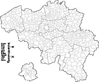 Map showing the provinces and the municipalities of Belgium, with details of Brussels Capital Region expanded in lower left. Belgique-Communes589-Provinces10.gif