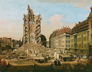 The Ruins of the old Kreuzkirche, Dresden . 1765. oil on canvas medium QS:P186,Q296955;P186,Q12321255,P518,Q861259 . 107 × 84.5 cm (42.1 × 33.2 in). Kunsthaus Zürich