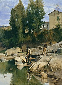 Sand diggers on the Mugnone torrent, near Florence label QS:Lit,"I renaioli sul Mugnone" label QS:Len,"Sand diggers on the Mugnone torrent, near Florence" 1880