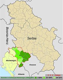 Bosniaks of Serbia and Montenegro within the divided Sandzak region (dashed red line). Bosniak population in Serbia and Montenegro.jpg