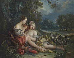 Two Nymphs of Diana resting after their Return from the Hunt label QS:Len,"Two Nymphs of Diana resting after their Return from the Hunt" 1748