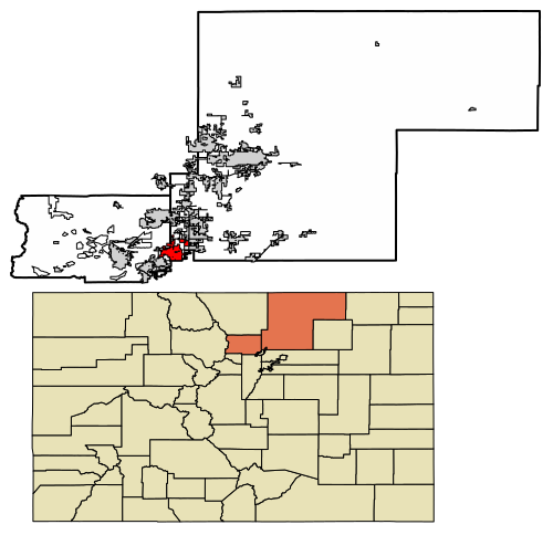Location of the Town of Erie in Boulder and Weld counties, Colorado.
