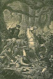 Major-General Braddock's death at the Battle of the Monongahela, July 9, 1755. Braddock's death at the Battle of Monongahela 9-July-1755.jpg