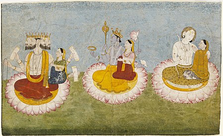 Fail:Brahma,_Vishnu_and_Shiva_seated_on_lotuses_with_their_consorts,_ca1770.jpg