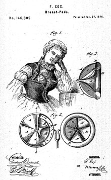 dessins à la plume d'une femme assise et habillée suggérant une poitrine normale et à côté, plusieurs graphiques montrant la prothèse gonflable qu'elle porte sous ses vêtements