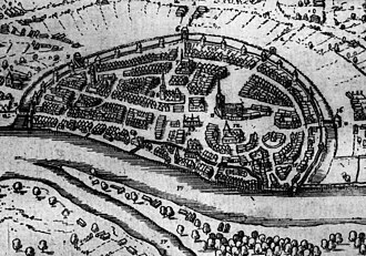 The Balge in the 13th century. It flowed around the districts of Martini and Tiefer, flanking the Market Square Bremen 13.Jh. Dilich 1604 (Detail).jpg