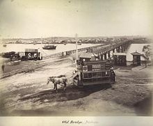 Horse tram at the northern end of the first permanent Victoria Bridge, c. 1890 BrisbaneHorseTramVictoriaBridge1890.jpg