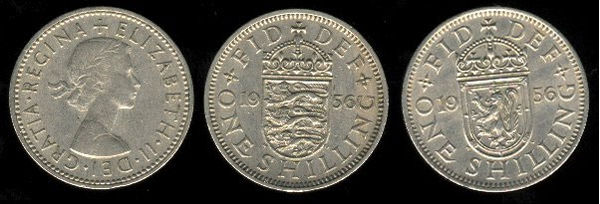 1956 Elizabeth II UK shilling showing English and Scottish reverses