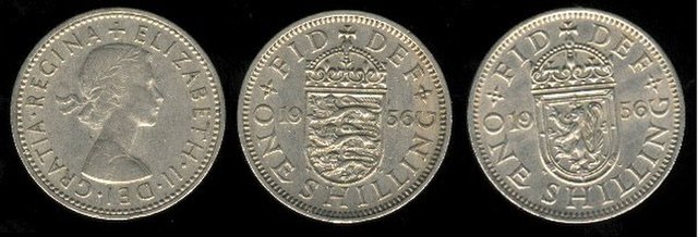 1956 Elizabeth II UK shilling showing English and Scottish reverses