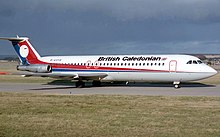 A British Caledonian Airways BAC 111 at Aberdeen Airport in a Dan Air London livery British Caledonian BAC 111-509EW.jpg