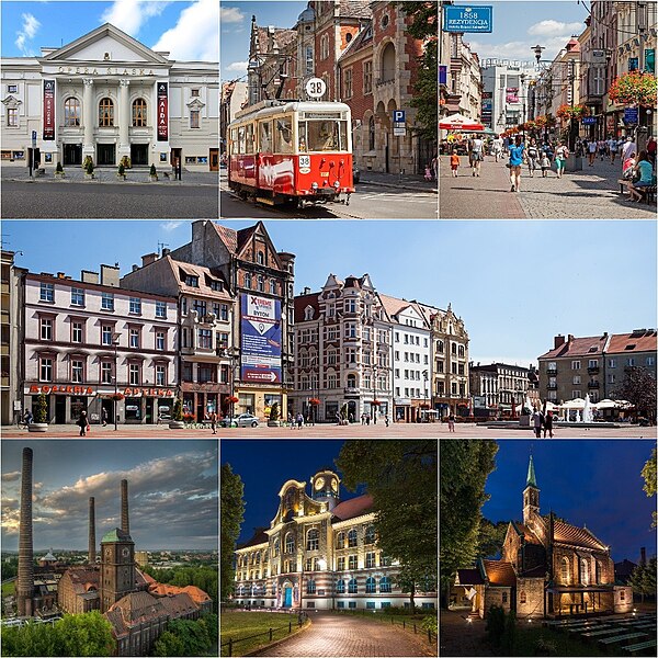 From top, left to right: Silesian Opera; Historic tram (in background Main Post Office); Dworcowa Street; Market square; Szombierki Heat Power Station