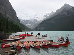 Rental canoes at Lake Louise, Banff National Park, Alberta, Canada. Note the numbers for tracking Canoe rental Lake Louise Flickr 117383997 4ad08ae6d6 o.jpg