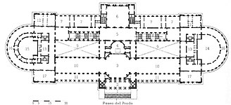 Planta del Capitolio.  La Habana, Cuba.  2-Pórtico de Entrada, 3-Rotonda, 4-Ábside, 5-Salón de Martí, 6-Biblioteca, 7-Sala de Comisiones, 8-Escalera de Honor, 9-Patio-jardín, 10-Salón (pasos perdidos), 12- Secretario, 14-Senado, 15-Cámara, 16-Galería.