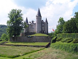 The castle of Walzin and the Lesse River in Dréhance Belgium.