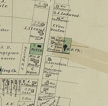 The "Centennial" (1876) map of Monsey, showing the location of the Monsey Church on Main Street and the Methodist church on Secor St. (site of the Monsey Church's parsonage today). The Congregational church is partly visible on the left on the site of Haring's Grove. (Image courtesy of the Palisades Free Library, Palisades, NY) Centennial Map of Monsey (1876).jpg