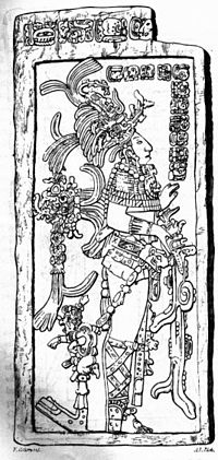 K'inich Kan B'alam II, the Classic period ruler of Palenque, as depicted on a stela ChanBahlumCatherwood.jpg