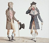 Un Incroyable, two French dandies, one bearing what may be the first recorded top hat