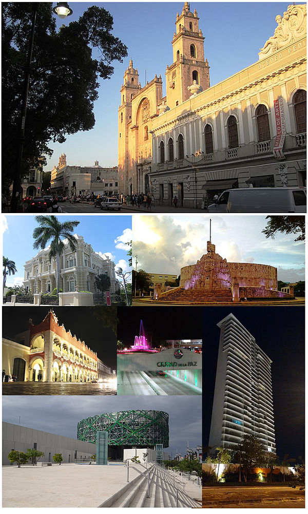 Above, from left to right: San Ildefonso Cathedral, the Canton Palace, the Monument to the Fatherland, the Municipal Palace, the Glorieta de la Paz, t