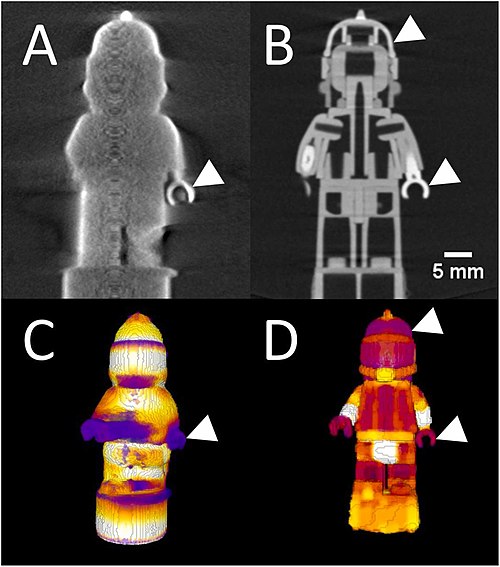 Comparison of two imaging modalities—optical tomography (A, C) and computed tomography (B, D)—as applied to a Lego minifigure