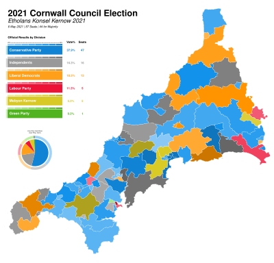 2021 Cornwall Council election division map by vote share Cornwall Council political divisions May 2021 gradient map.svg