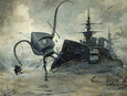 Kampf von Marsianern mit dem Schiff „Thunder Child“, Gemälde von Henrique Alvim Corrêa, 1906