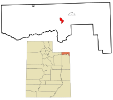 Daggett County Utah áreas incorporadas e não incorporadas Flaming Gorge realçadas.