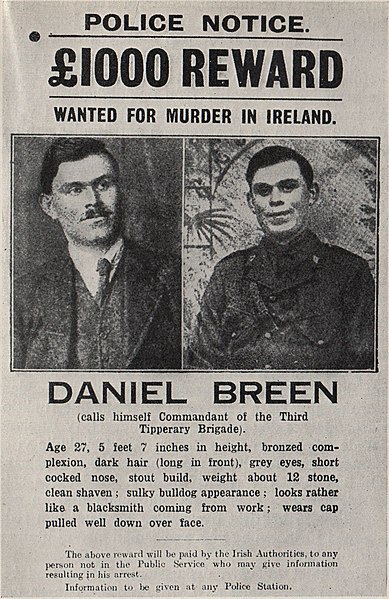 Police wanted poster for Dan Breen, one of those involved in the Soloheadbeg Ambush in 1919.