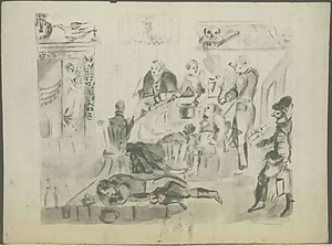 Simple ink sketch of seven men in a room gathered around a table with one more looking on