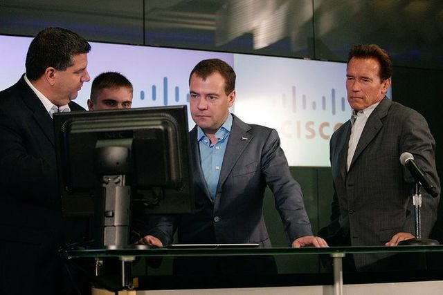 Russian President Dmitry Medvedev and California Gov. Arnold Schwarzenegger at Cisco, 2010